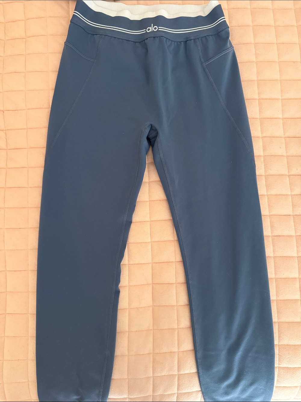 ALO Yoga Navy Blue Leggings with White Waistband Detail